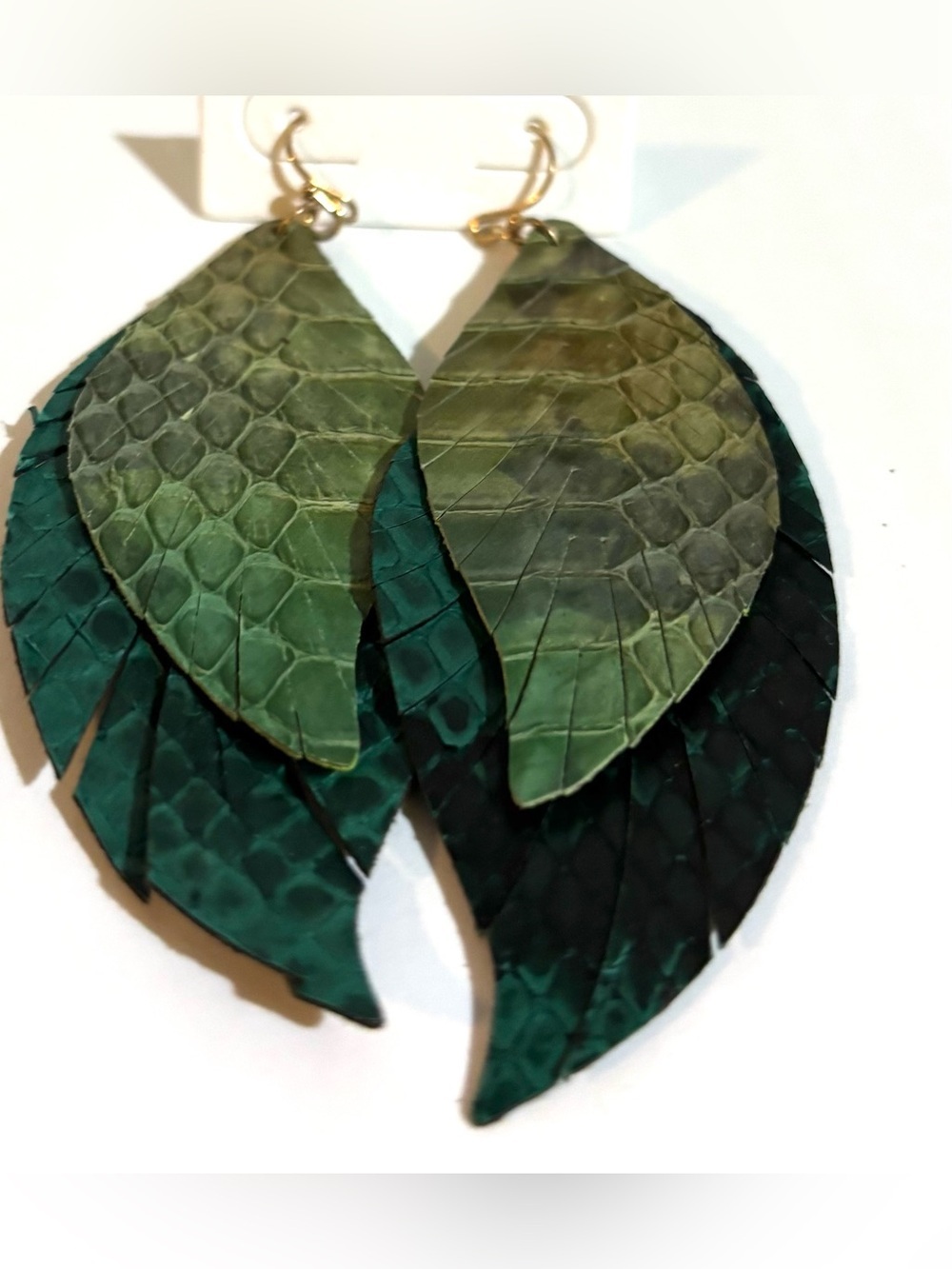 Green Layered Leaf Leather Earrings
